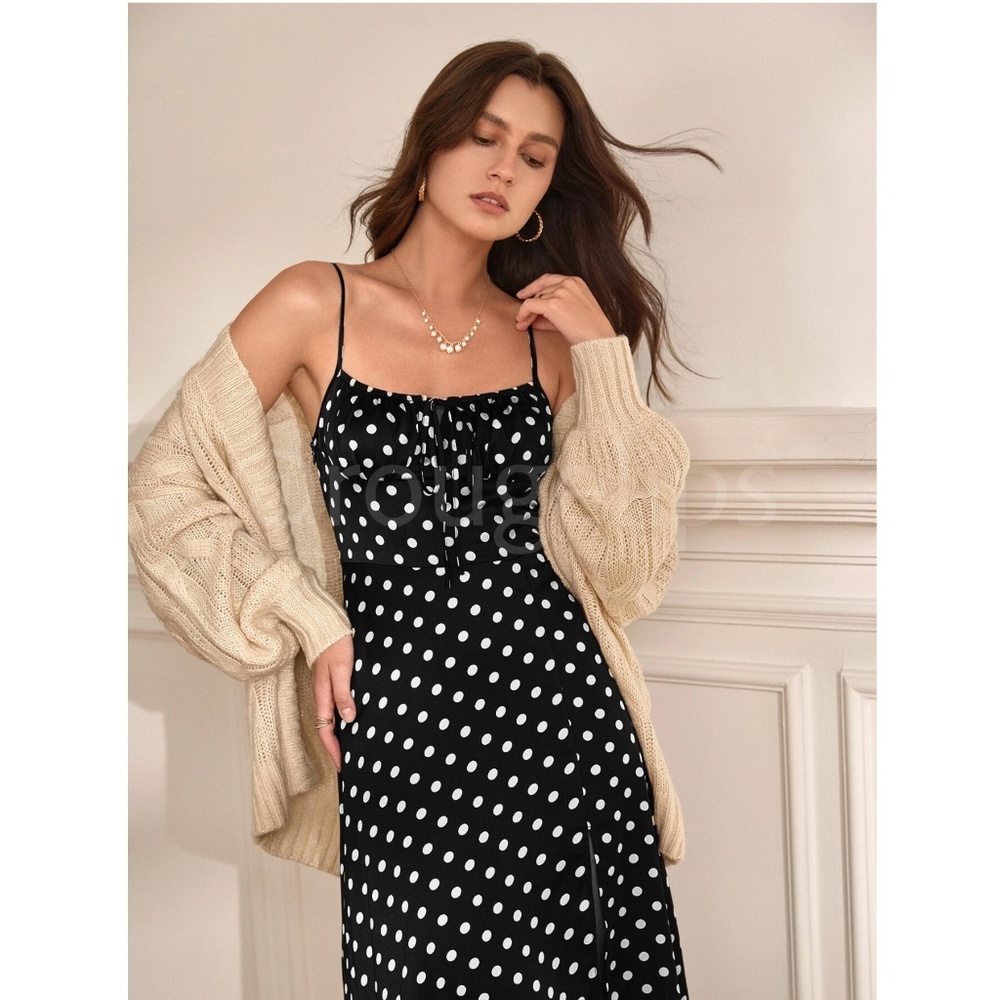 French Style Polka Dot Black Midi Dress Leg Slit - Picture 12 of 16